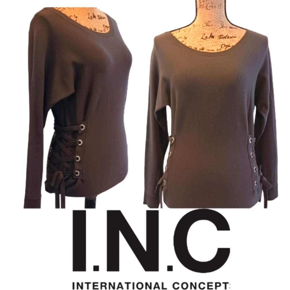 International Concepts Green Scoop Neck Lace Up Sides Pull Over Sweater S…